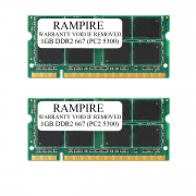 RAMPIRE 2GB (2 x 1GB) DDR2 667 (PC2 5300) 200-Pin DDR2 SO-DIMM 1.8V 2Rx8 Non-ECC Unregistered Memory for Laptop/Notebook PC and Mac